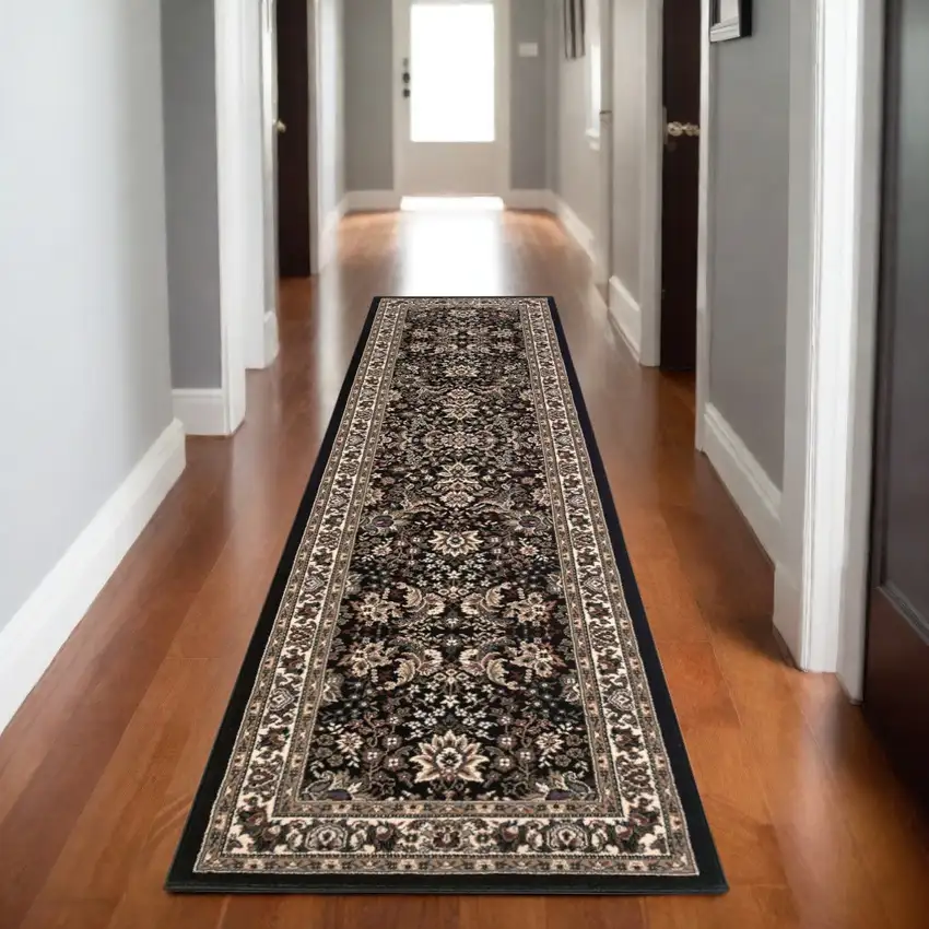 9' Black And Ivory Oriental Runner Rug Photo 1