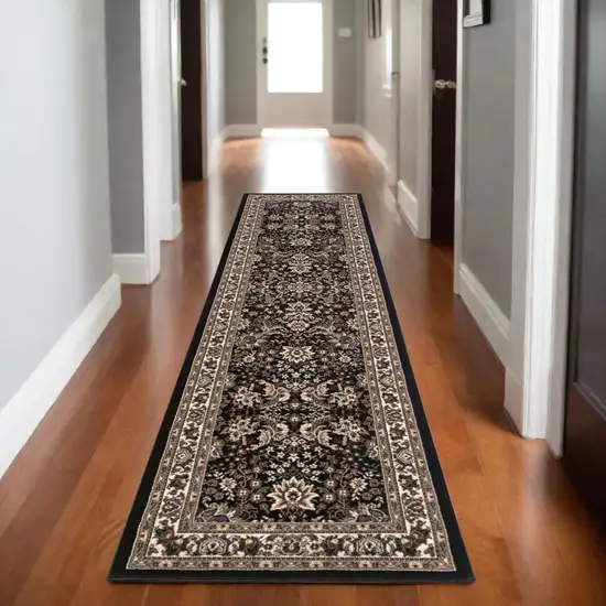 9' Black And Ivory Oriental Runner Rug Photo 1