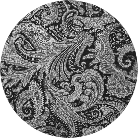 8' Black And Ivory Paisley Washable Round Rug With UV Protection Photo 3