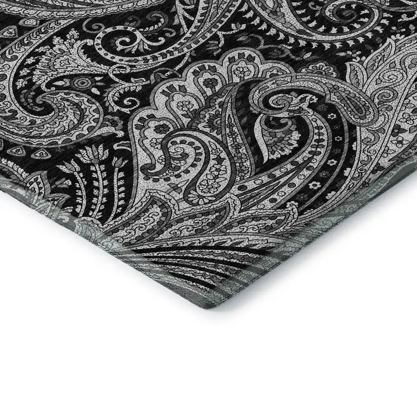 8' Black And Ivory Paisley Washable Round Rug With UV Protection Photo 8