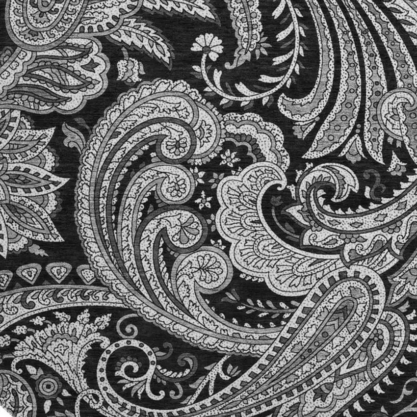 8' Black And Ivory Paisley Washable Round Rug With UV Protection Photo 4