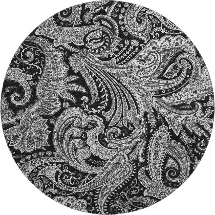 8' Black And Ivory Paisley Washable Round Rug With UV Protection Photo 1