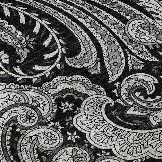 8' Black And Ivory Paisley Washable Round Rug With UV Protection Photo 8
