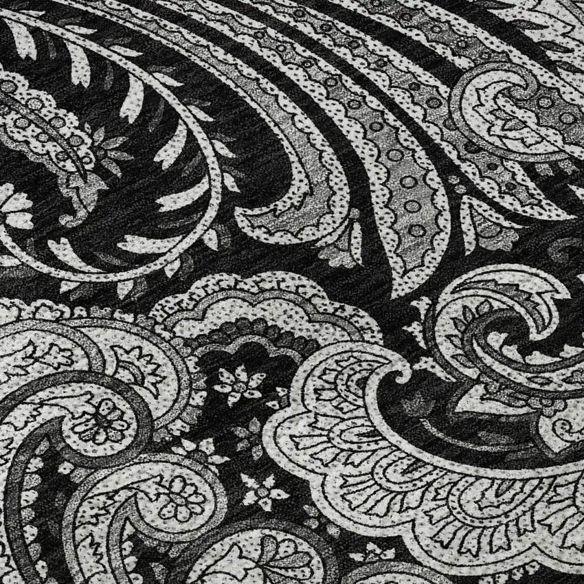 8' Black And Ivory Paisley Washable Round Rug With UV Protection Photo 8