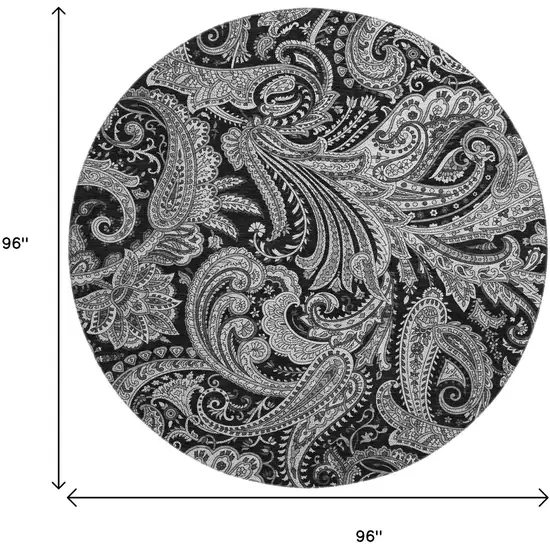 8' Black And Ivory Paisley Washable Round Rug With UV Protection Photo 6