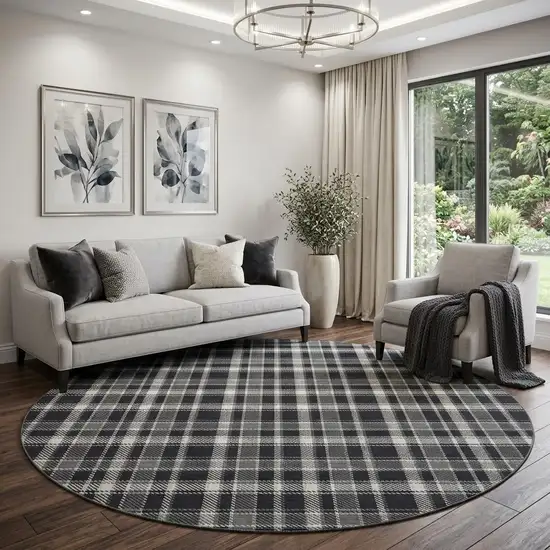 8' Black And Ivory Plaid Washable Round Rug With UV Protection Photo 1