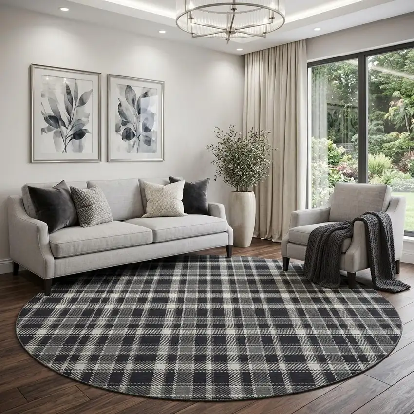 8' Black And Ivory Plaid Washable Round Rug With UV Protection Photo 1