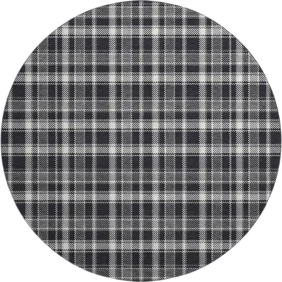 8' Black And Ivory Plaid Washable Round Rug With UV Protection Photo 1
