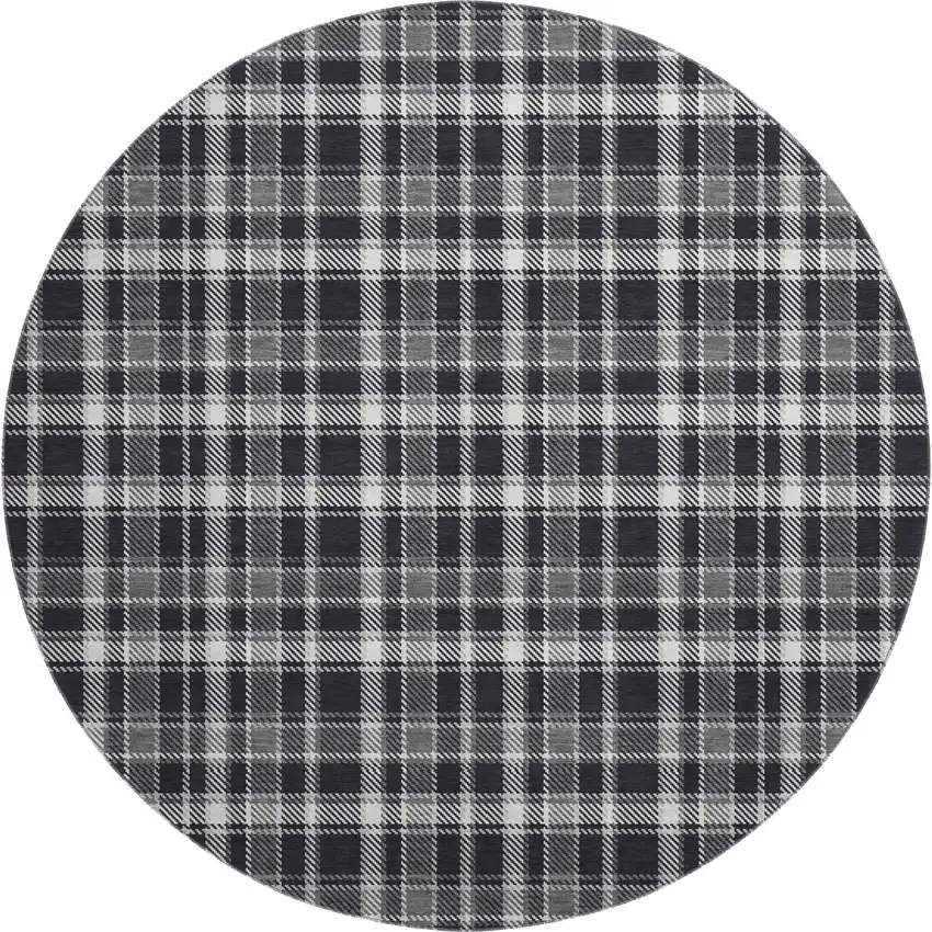 8' Black And Ivory Plaid Washable Round Rug With UV Protection Photo 2