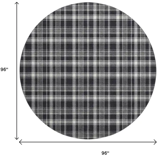 8' Black And Ivory Plaid Washable Round Rug With UV Protection Photo 3