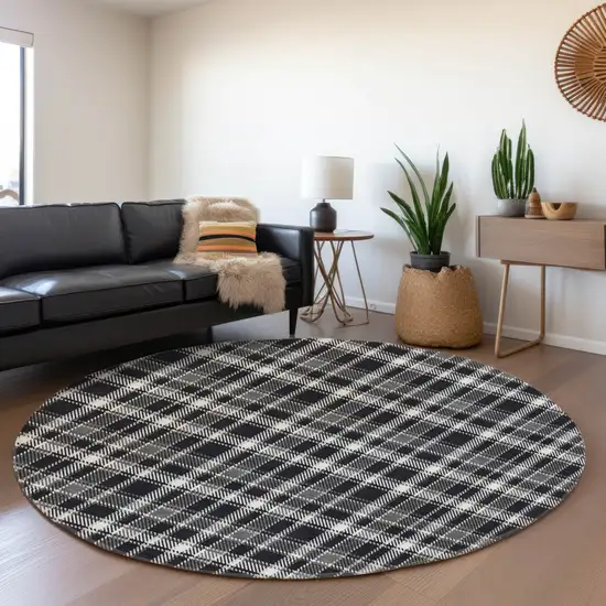 8' Black And Ivory Plaid Washable Round Rug With UV Protection Photo 3