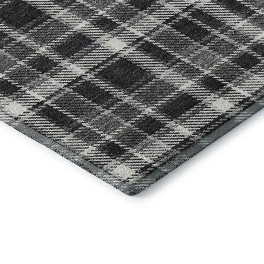 8' Black And Ivory Plaid Washable Round Rug With UV Protection Photo 5