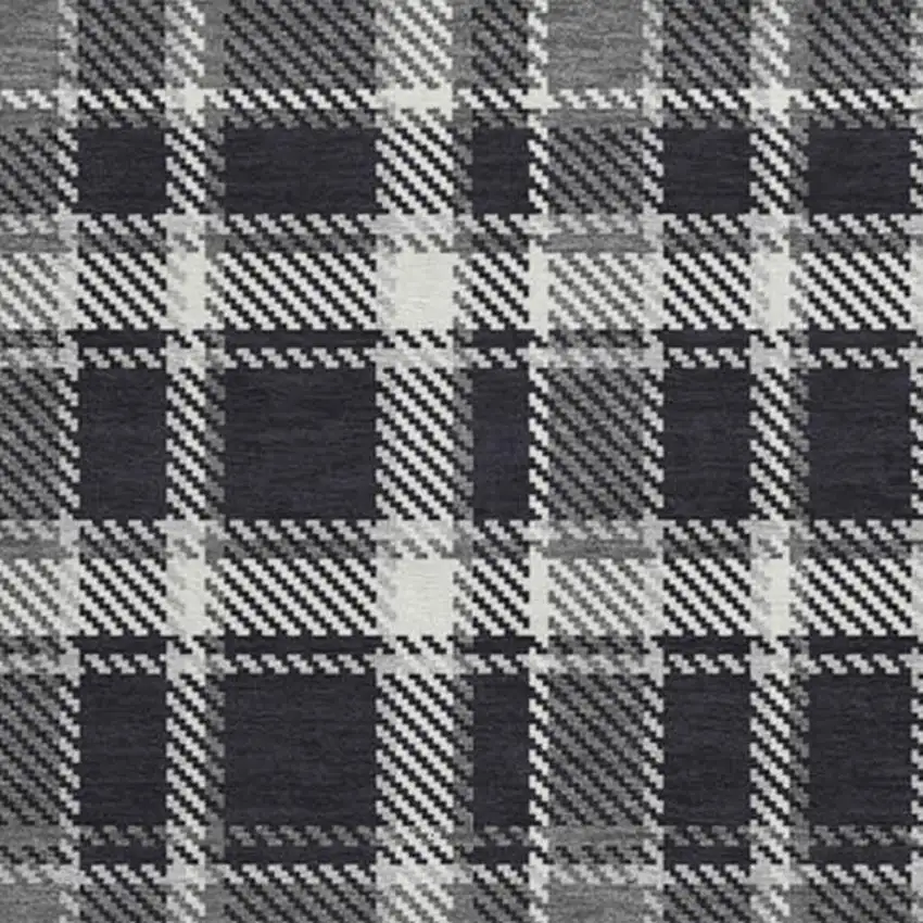 8' Black And Ivory Plaid Washable Round Rug With UV Protection Photo 4