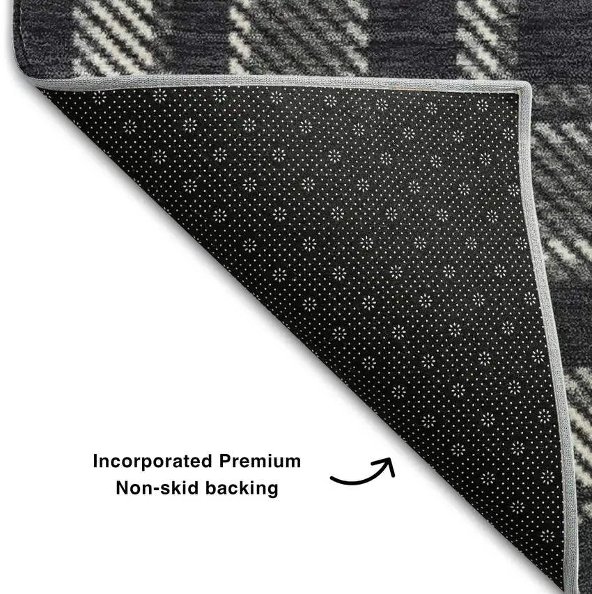 8' Black And Ivory Plaid Washable Round Rug With UV Protection Photo 4