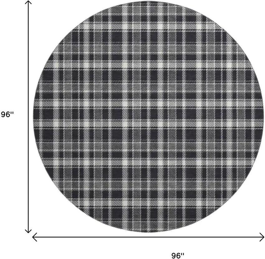 8' Black And Ivory Plaid Washable Round Rug With UV Protection Photo 7