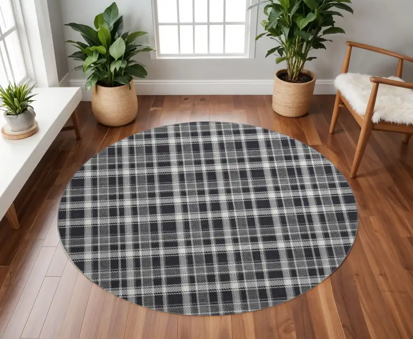 8' Black And Ivory Plaid Washable Round Rug With UV Protection Photo 2
