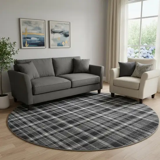 8' Black And Ivory Plaid Washable Round Rug With UV Protection Photo 1