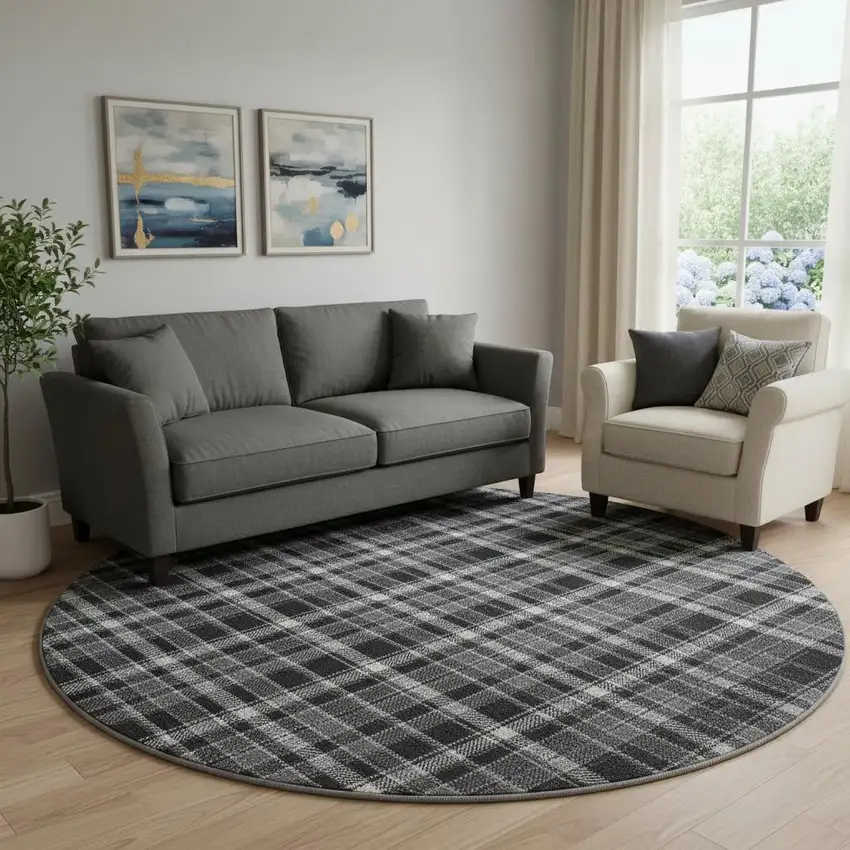 8' Black And Ivory Plaid Washable Round Rug With UV Protection Photo 1