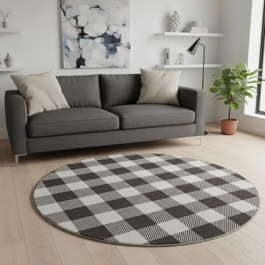 8' Black And Ivory Plaid Washable Round Rug With UV Protection Photo 2