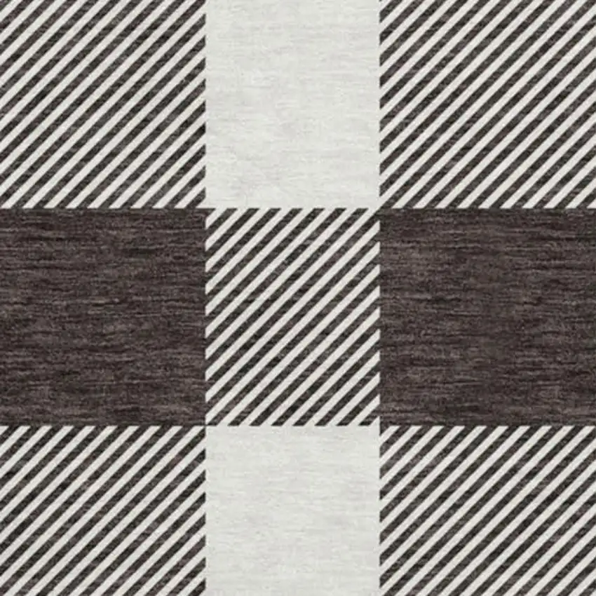 8' Black And Ivory Plaid Washable Round Rug With UV Protection Photo 2