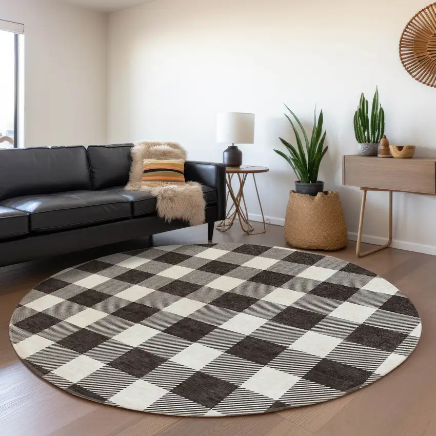 8' Black And Ivory Plaid Washable Round Rug With UV Protection Photo 4