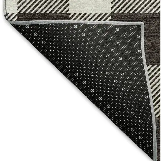8' Black And Ivory Plaid Washable Round Rug With UV Protection Photo 5
