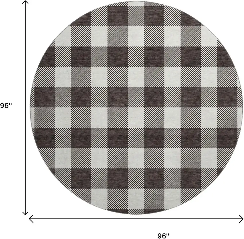 8' Black And Ivory Plaid Washable Round Rug With UV Protection Photo 9