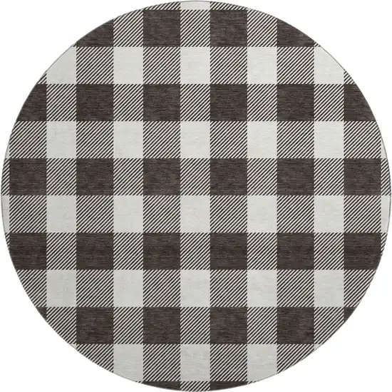 8' Black And Ivory Plaid Washable Round Rug With UV Protection Photo 1