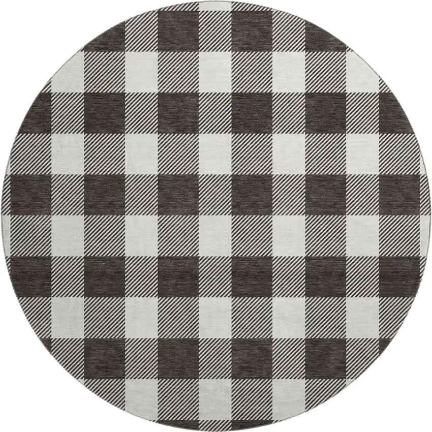 8' Black And Ivory Plaid Washable Round Rug With UV Protection Photo 1