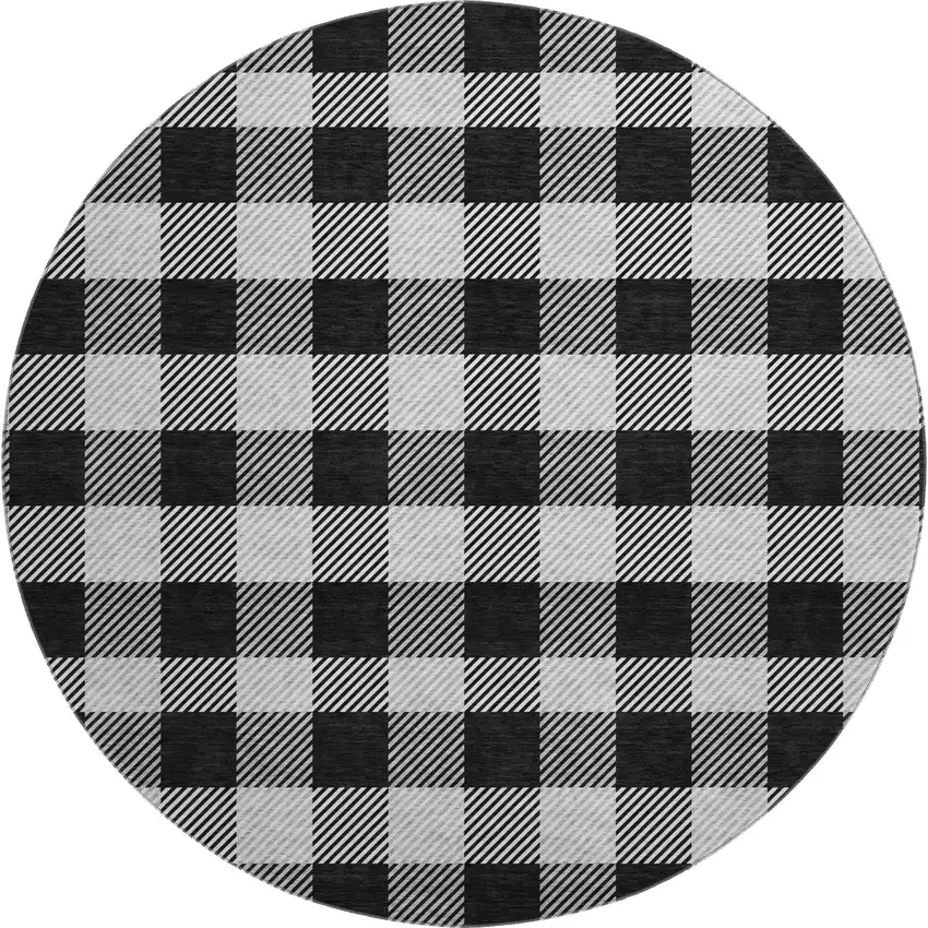 8' Black And Ivory Plaid Washable Round Rug With UV Protection Photo 1