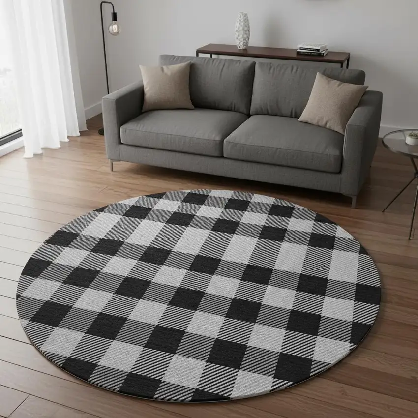 8' Black And Ivory Plaid Washable Round Rug With UV Protection Photo 2