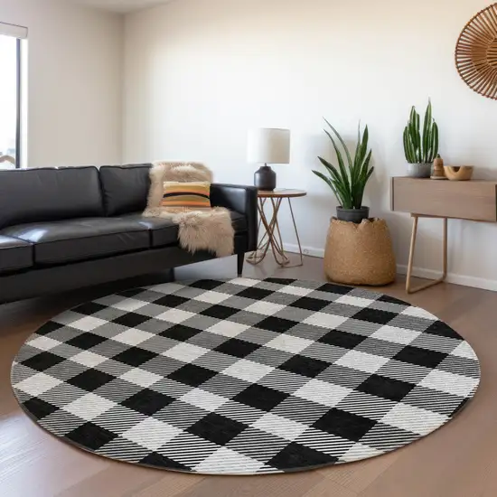 8' Black And Ivory Plaid Washable Round Rug With UV Protection Photo 4