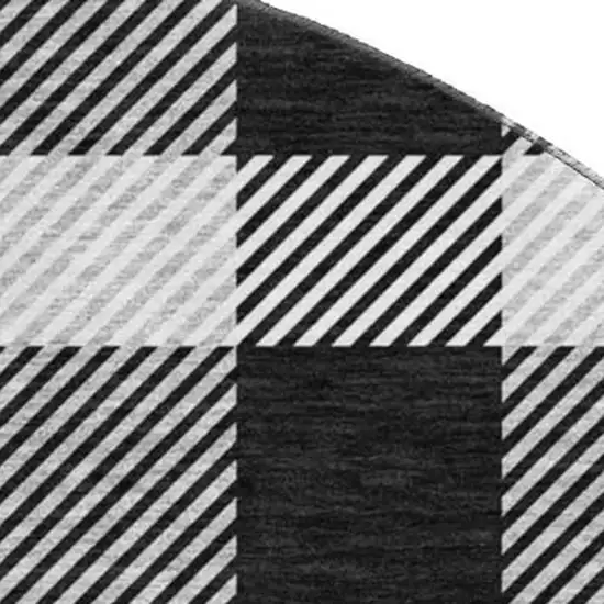 8' Black And Ivory Plaid Washable Round Rug With UV Protection Photo 3