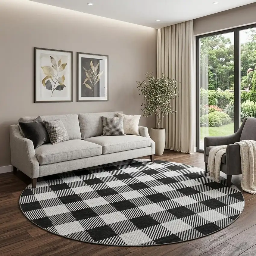 8' Black And Ivory Plaid Washable Round Rug With UV Protection Photo 1