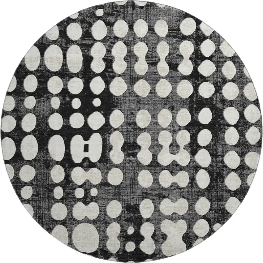 8' Black And Ivory Polka Dot Washable Round Rug With UV Protection Photo 1