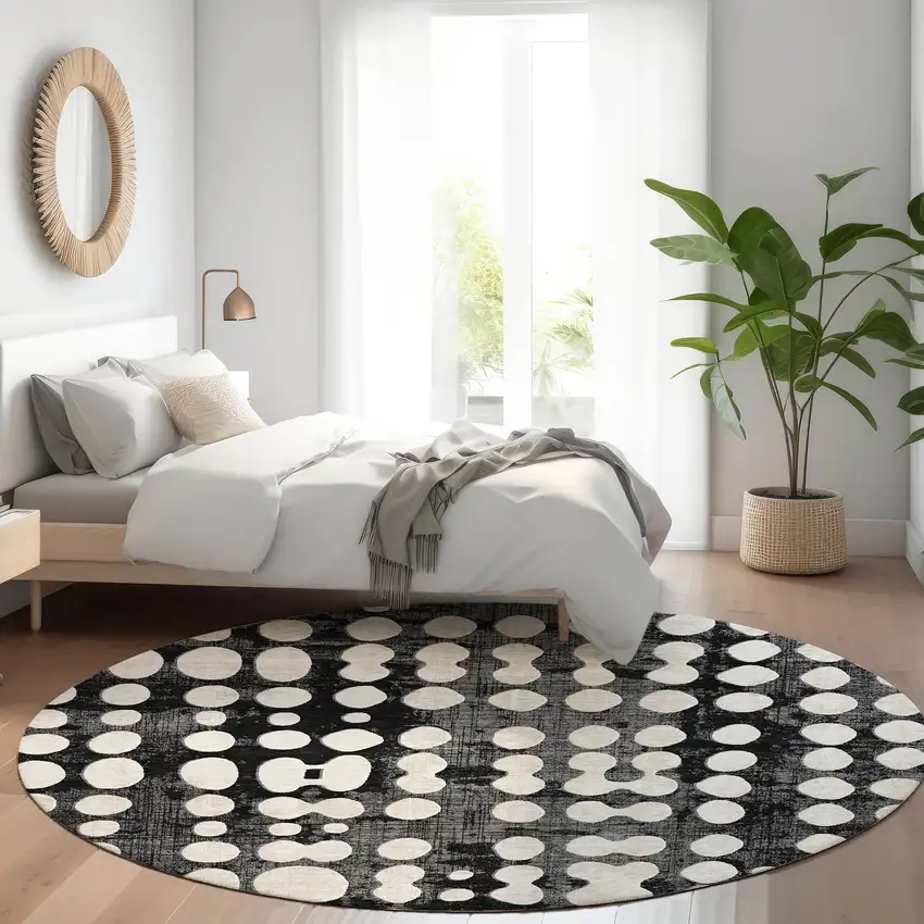 8' Black And Ivory Polka Dot Washable Round Rug With UV Protection Photo 5