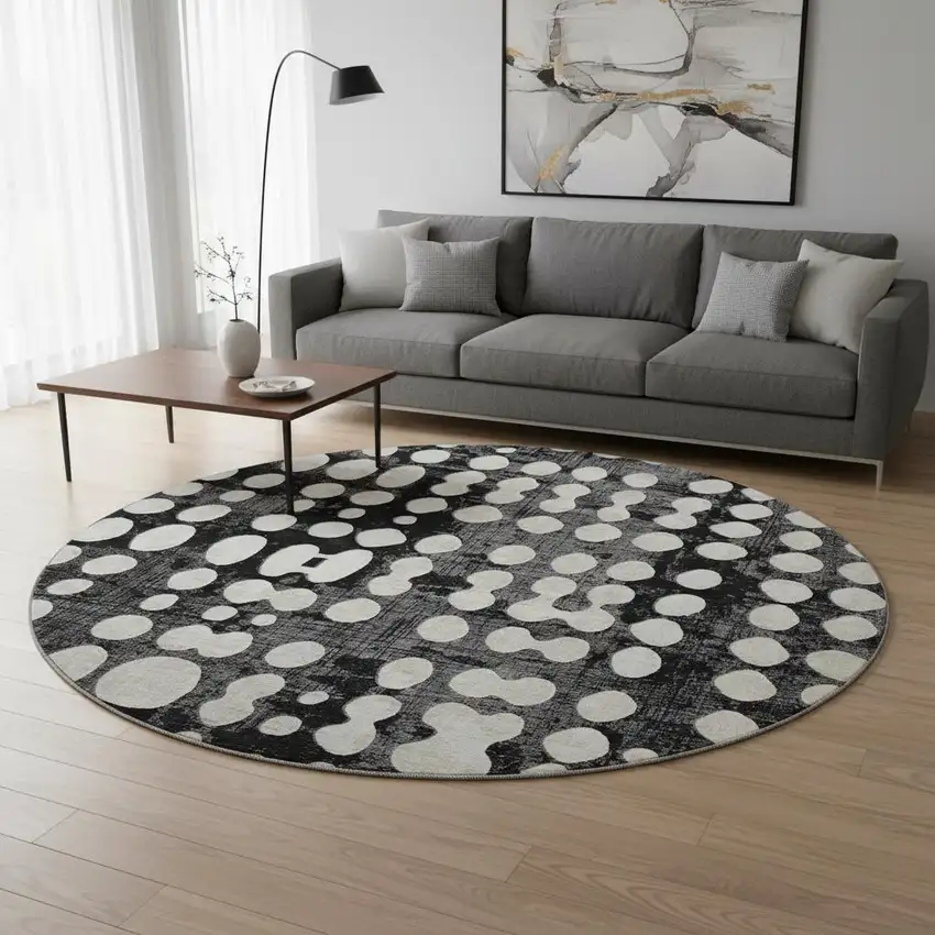 8' Black And Ivory Polka Dot Washable Round Rug With UV Protection Photo 2