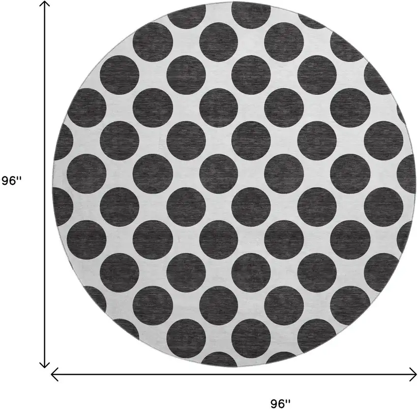 8' Black And Ivory Polka Dot Washable Round Rug With UV Protection Photo 9