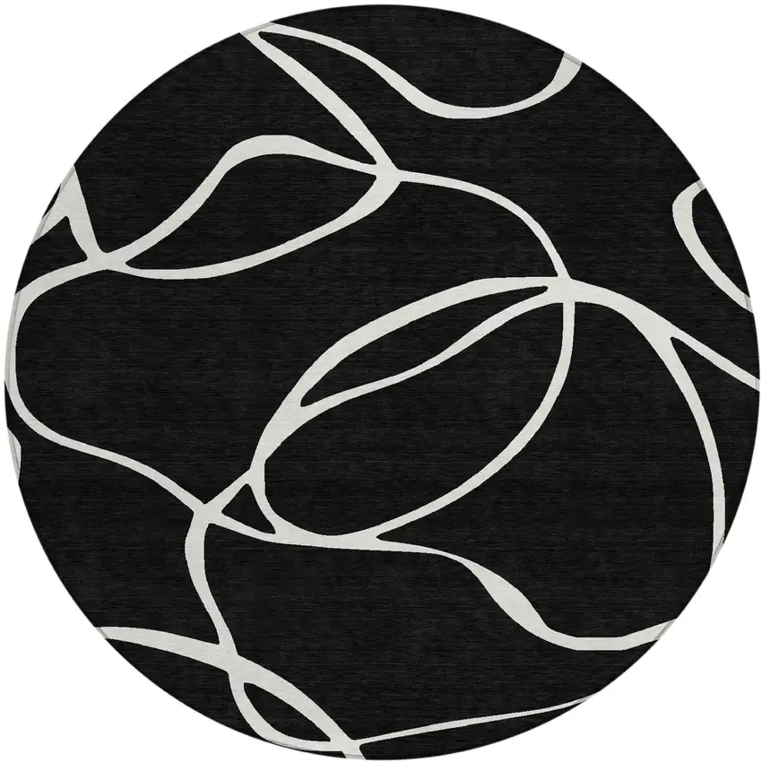 8' Black And Ivory Round Abstract Washable Indoor Outdoor Area Rug Photo 2