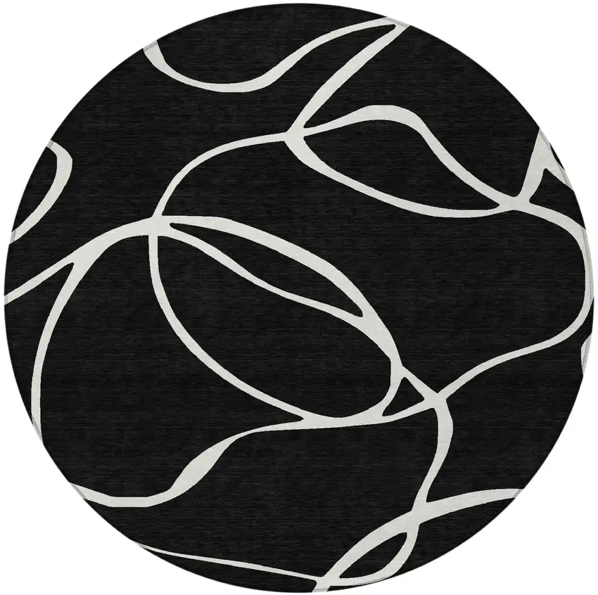 8' Black And Ivory Round Abstract Washable Indoor Outdoor Area Rug Photo 5