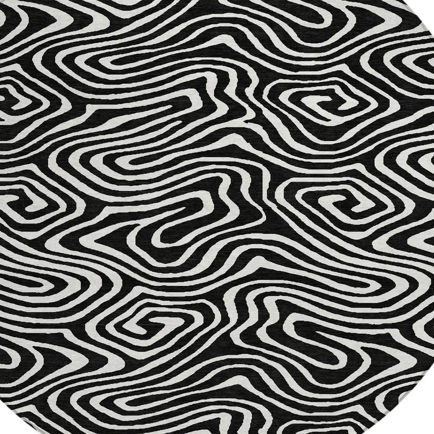 8' Black And Ivory Round Abstract Washable Indoor Outdoor Area Rug Photo 4