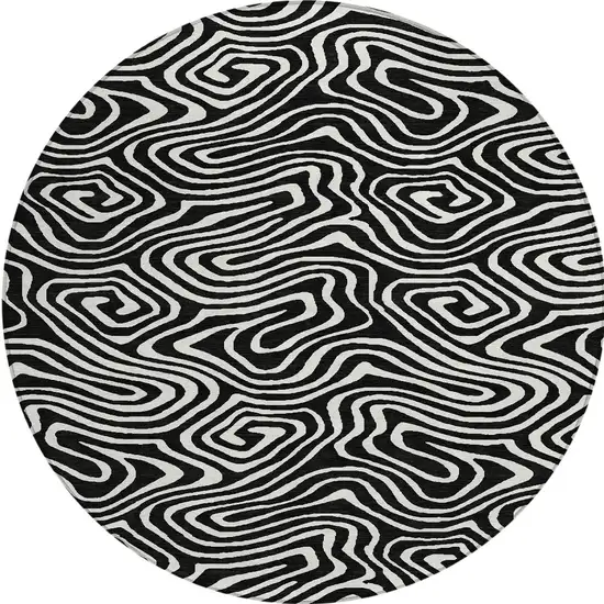 8' Black And Ivory Round Abstract Washable Indoor Outdoor Area Rug Photo 5