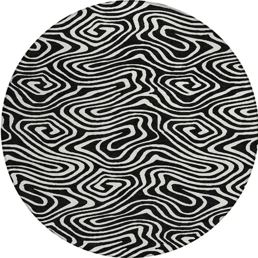 8' Black And Ivory Round Abstract Washable Indoor Outdoor Area Rug Photo 5