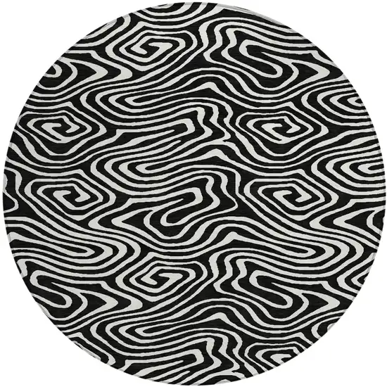 8' Black And Ivory Round Abstract Washable Indoor Outdoor Area Rug Photo 2