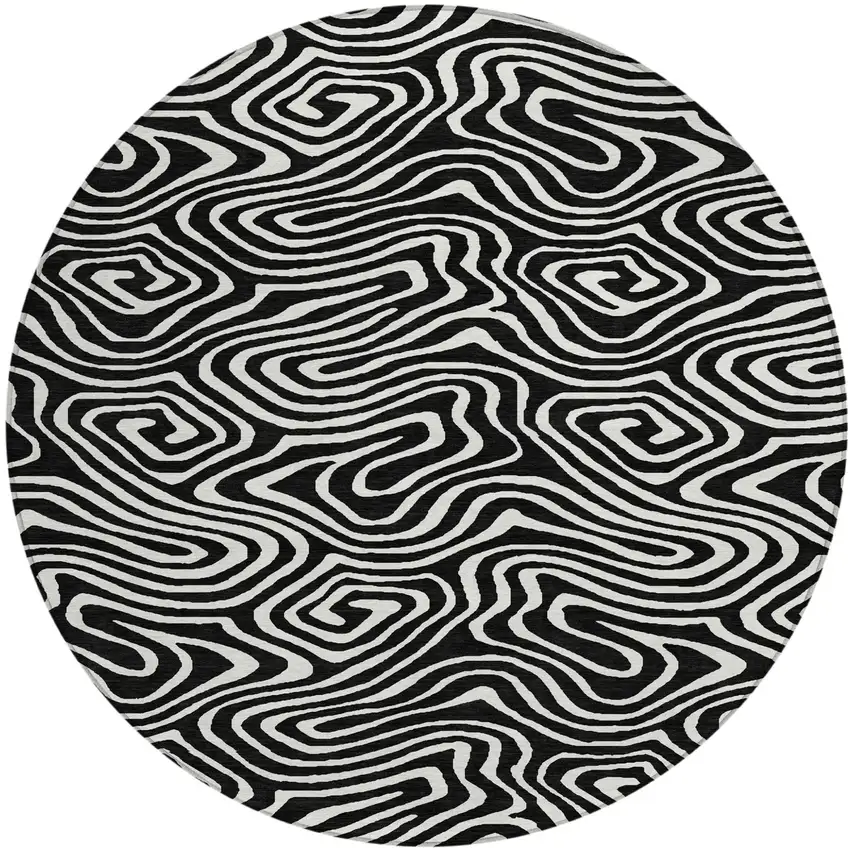 8' Black And Ivory Round Abstract Washable Indoor Outdoor Area Rug Photo 2