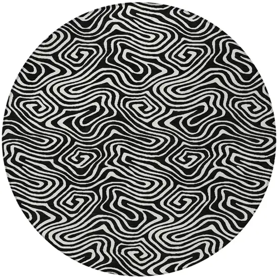 8' Black And Ivory Round Abstract Washable Indoor Outdoor Area Rug Photo 5