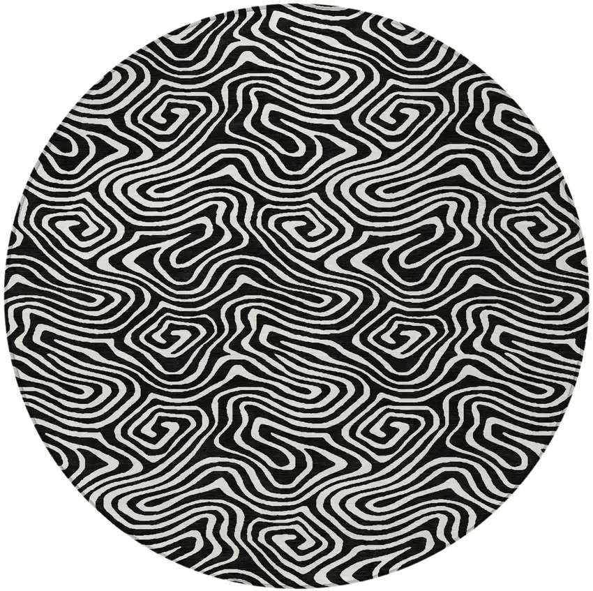 8' Black And Ivory Round Abstract Washable Indoor Outdoor Area Rug Photo 5