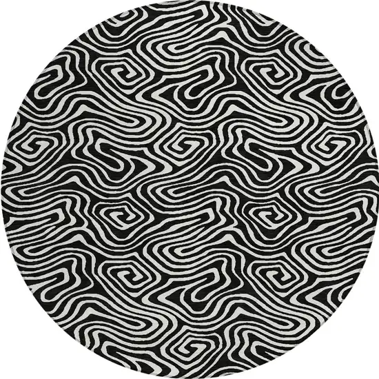 8' Black And Ivory Round Abstract Washable Indoor Outdoor Area Rug Photo 4