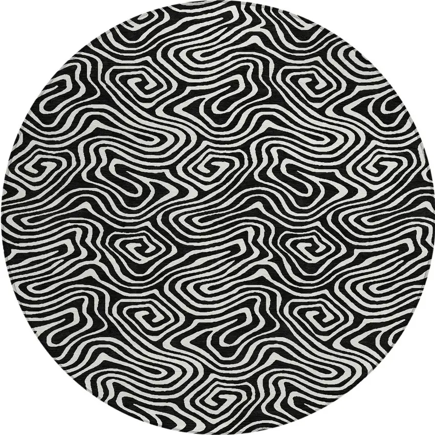 8' Black And Ivory Round Abstract Washable Indoor Outdoor Area Rug Photo 4