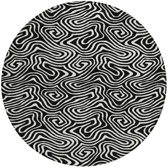 8' Black And Ivory Round Abstract Washable Indoor Outdoor Area Rug Photo 2